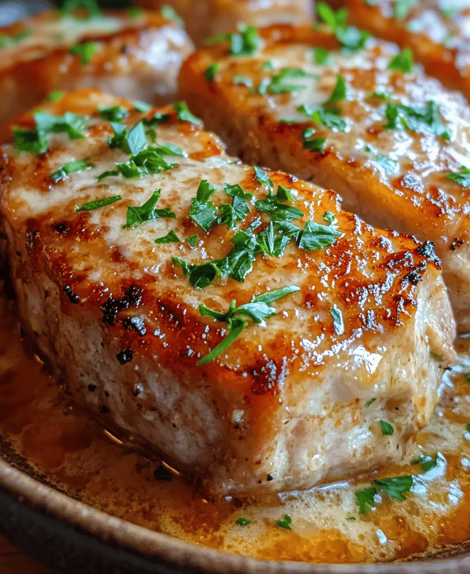 In the delightful realm of culinary arts, few techniques offer the convenience and flavor-enhancing magic of slow cooking. This method allows home cooks to create mouthwatering dishes with minimal effort, making it a favorite among busy families and entertaining hosts alike. Today, we’re diving into a recipe that perfectly exemplifies the art of slow cooking: <strong>Slow Cooker Pork Chops with Garlic Parmesan Sauce</strong>.” /></p>
</p>
<h3>Deglazing Process and Its Importance in Flavor Development</h3>
</p>
<p>After searing your pork chops to a beautiful golden brown, it’s essential to deglaze the pan before moving on to the slow cooker. Deglazing is the technique of adding a liquid to the hot pan to dissolve the browned bits of food that stick to the bottom, known as fond. This process not only helps to clean the pan but also enhances the overall flavor of your dish.</p>
</p>
<p>To deglaze, simply add a splash of broth, wine, or even water to the hot skillet after removing the pork chops. Use a wooden spoon to scrape the bottom of the pan, releasing all those flavorful bits. Once the liquid has reduced slightly, you can transfer this mixture to your slow cooker, ensuring that none of that delicious flavor is left behind. This step is crucial as it builds a rich base for your Garlic Parmesan sauce, ensuring every bite of your pork chops is infused with depth and complexity.</p>
</p>
<h3>Achieving a Creamy Sauce and Preventing Curdling</h3>
</p>
<p>To create a luscious, creamy Garlic Parmesan sauce, you’ll want to incorporate heavy cream or sour cream into your slow cooker. However, it’s vital to add these dairy products at the right time to prevent curdling. Adding them too early in the cooking process can cause them to separate and lose their smooth texture.</p>
</p>
<p>After the pork chops have cooked through, about 30 minutes before serving, stir in your heavy cream or sour cream along with the grated Parmesan cheese. Mix well to combine, and let the sauce simmer on low heat. This allows the flavors to meld while maintaining the creamy consistency. If you notice that your sauce has thickened too much, you can always add a splash of chicken broth or milk to reach your desired consistency. This method ensures a velvety sauce that complements the tender pork chops perfectly.</p>
</p>
<h3>Cooking in the Slow Cooker</h3>
</p>
<h4>Timing and Temperature for Perfect Results</h4>
</p>
<p>Cooking pork chops in a slow cooker is all about timing and temperature. For optimal tenderness, it is generally recommended to cook your pork chops on the low setting for about 6 to 7 hours. This slower method allows the connective tissues in the meat to break down, resulting in juicy and fork-tender chops.</p>
</p>
<p>If you’re short on time, you can opt for the high setting, cooking your pork chops for about 3 to 4 hours. While this method will still produce tasty results, the texture may not be as melt-in-your-mouth tender as when cooked on low. Always monitor the internal temperature of the pork chops with a meat thermometer, aiming for at least 145°F (63°C) to ensure they are safe to eat.</p>
</p>
<h4>Choosing the Right Cooking Method</h4>
</p>
<p>The difference between cooking on low versus high settings can significantly affect the final outcome of your dish. Cooking on low allows for a gradual infusion of flavors, as the slow increase in heat enables the garlic, herbs, and Parmesan to meld together beautifully. This method also ensures that the pork remains succulent and moist, as the longer cooking time allows for more moisture retention.</p>
</p>
<p>In contrast, the high setting is beneficial when time is of the essence. While it may not yield the same depth of flavor, it can still produce a delicious meal in a shorter timeframe. Whichever method you choose, slow cooking is inherently advantageous for flavor infusion, allowing spices and aromatics to penetrate the meat thoroughly.</p>
</p>
<h3>Monitoring Cooking Time</h3>
</p>
<p>Determining doneness can be tricky, especially for thicker or thinner pork chops. As a general rule, thinner chops (around 1-inch thick) will need approximately 3 to 4 hours on high and 6 hours on low. Thicker chops (1.5 to 2 inches) may require up to 5 hours on high and 7 to 8 hours on low.</p>
</p>
<p>Using a meat thermometer is the most reliable way to determine doneness. Insert the thermometer in the thickest part of the pork chop; when it reaches 145°F (63°C), it’s ready to enjoy. If you prefer a thicker sauce, consider removing the lid of your slow cooker during the last hour of cooking to allow some liquid to evaporate, concentrating the flavors.</p>
</p>
<h3>Serving Suggestions</h3>
</p>
<h4>Plating the Dish</h4>
</p>
<p>When it comes to plating your Slow Cooker Pork Chops with Garlic Parmesan Sauce, presentation is key. Start by placing a pork chop onto a warm plate and generously spoon the creamy sauce over the top. To elevate the dish further, consider adding a side of your favorite vegetables or a starch like mashed potatoes.</p>
</p>
<p>Garnishing is an essential step in creating an inviting presentation. Fresh parsley or chives finely chopped and sprinkled over the dish can add a pop of color and freshness, making the meal look as good as it tastes.</p>
</p>
<h4>Pairing Options</h4>
</p>
<p>To complement the rich flavors of the pork chops, think about side dishes that balance the meal. Creamy mashed potatoes are a classic choice, as they can soak up the delicious sauce. Steamed green beans or roasted Brussels sprouts add a bright contrast to the dish, while crusty bread is perfect for mopping up any remaining sauce.</p>
</p>
<p>For an elevated dining experience, consider pairing your meal with a glass of white wine. A buttery Chardonnay or a light Pinot Grigio can enhance the creamy flavors of the sauce, while a medium-bodied red like a Merlot can also work nicely for those who prefer red wine.</p>
</p>
<h3>Nutritional Information</h3>
</p>
<h4>Caloric Breakdown</h4>
</p>
<p>When calculating the caloric content of your Slow Cooker Pork Chops with Garlic Parmesan Sauce, it’s important to consider all the ingredients used. On average, one serving of this dish contains approximately 350-400 calories, depending on the specific quantities of cream and cheese used. This makes it a hearty yet manageable option for most dietary plans.</p>
</p>
<p>For those following specific dietary guidelines, such as a high-protein or low-carb diet, this dish can be quite fitting. Pairing it with low-carb vegetables or a small side salad can help maintain a balanced meal.</p>
</p>
<h4>Health Benefits of Ingredients</h4>
</p>
<p>The main ingredient, pork, is an excellent source of protein, providing essential amino acids necessary for muscle growth and repair. Additionally, pork contains important vitamins and minerals such as B vitamins, zinc, and iron, all vital for maintaining energy levels and overall health.</p>
</p>
<p>Garlic, a key component of the sauce, is not only flavorful but also offers numerous health benefits. It is known for its anti-inflammatory properties and potential to boost the immune system. Parmesan cheese adds a rich, nutty flavor while also providing calcium and protein. However, moderation is essential, especially if you are watching your sodium intake.</p>
</p>
<h3>Conclusion</h3>
</p>
<p>Slow Cooker Pork Chops with Garlic Parmesan Sauce embodies the essence of comfort food, offering a delicious and satisfying meal with minimal effort. The slow cooking process ensures that the flavors meld beautifully, resulting in tender, juicy pork chops complemented by a rich and creamy sauce.</p>
</p>
<p>This dish is not only perfect for family dinners but also ideal for entertaining guests, as it allows you to focus on your company rather than being tethered to the kitchen. Sharing this comforting dish with loved ones creates lasting memories around the dinner table, showcasing the joy of home-cooked meals.</p>
</p>
<p>Embrace the art of slow cooking and savor the delightful flavors of this recipe. With just a few simple ingredients and a slow cooker, you can prepare a meal that will impress and satisfy, making it a staple in your culinary repertoire.</p>
</div>