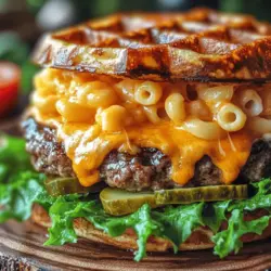 The Mac 'N Cheese Waffle Burger represents a delightful fusion of flavors and textures that can elevate any meal. Imagine sinking your teeth into a juicy burger patty, perfectly cooked and nestled between two golden-brown waffle buns infused with creamy mac 'n cheese. The result is a harmony of savory, cheesy, and slightly sweet elements that dance together on your palate, making every bite an experience to savor.