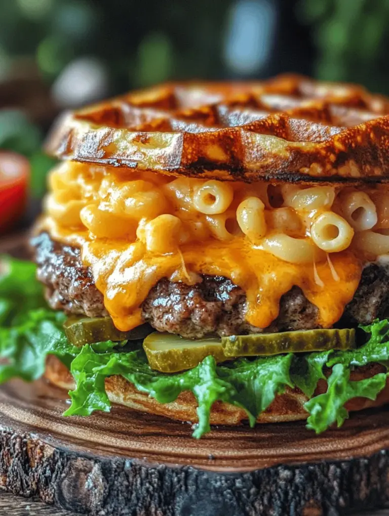 The Mac 'N Cheese Waffle Burger represents a delightful fusion of flavors and textures that can elevate any meal. Imagine sinking your teeth into a juicy burger patty, perfectly cooked and nestled between two golden-brown waffle buns infused with creamy mac 'n cheese. The result is a harmony of savory, cheesy, and slightly sweet elements that dance together on your palate, making every bite an experience to savor.