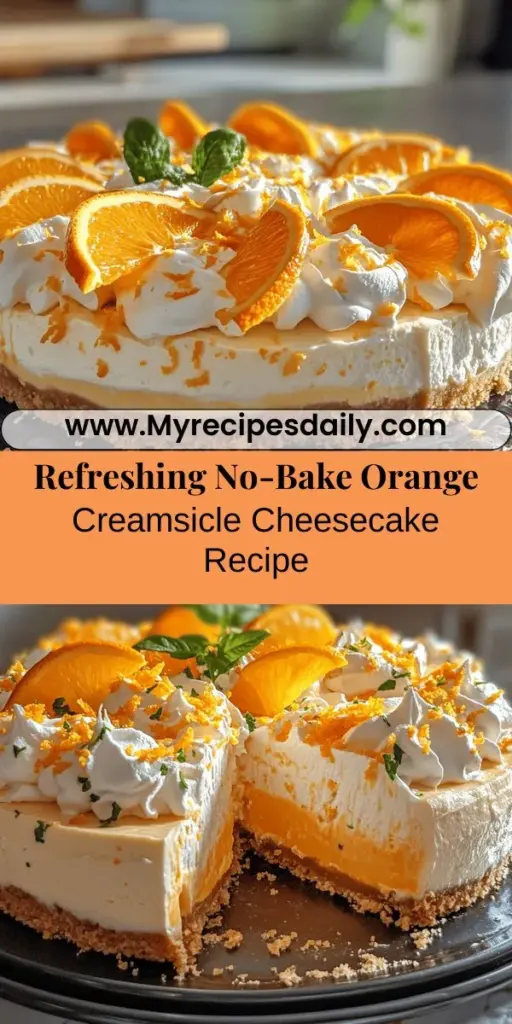 Beat the heat with this refreshing No-Bake Orange Creamsicle Cheesecake! Perfect for summer, this dessert offers a creamy balance of rich cheesecake and zesty orange flavors, all without turning on the oven. It’s easy to make and an impressive sweet treat for any occasion, leaving you room to enjoy outdoor fun. Pamper your taste buds with this delightful cheesecake topped with whipped cream and fresh orange slices. #NoBakeCheesecake #SummerDesserts #OrangeCreamsicle #CheesecakeLovers #EasyRecipes