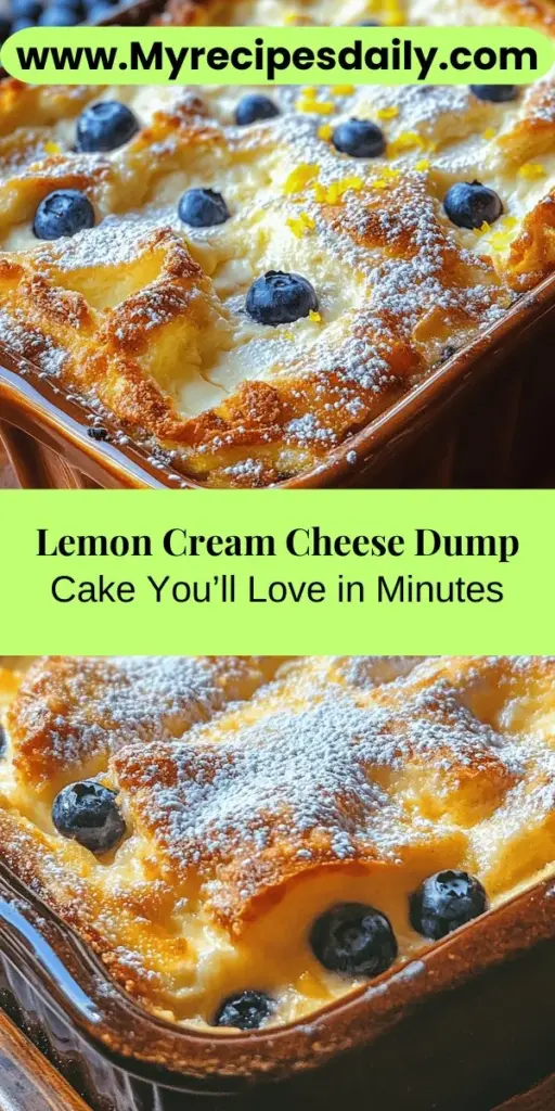 Discover the delightful Tangy Lemon Cream Cheese Dump Cake featuring a buttery crust that combines zesty lemon flavor and creamy richness. Perfect for novice bakers, this easy-to-make dessert requires just a few simple steps. Layer cream cheese and lemon cake mix, top with melted butter for a golden crust, and bake to perfection. Enjoy it warm or chilled, with optional fresh berries for added flavor. This cake is sure to impress at any occasion!