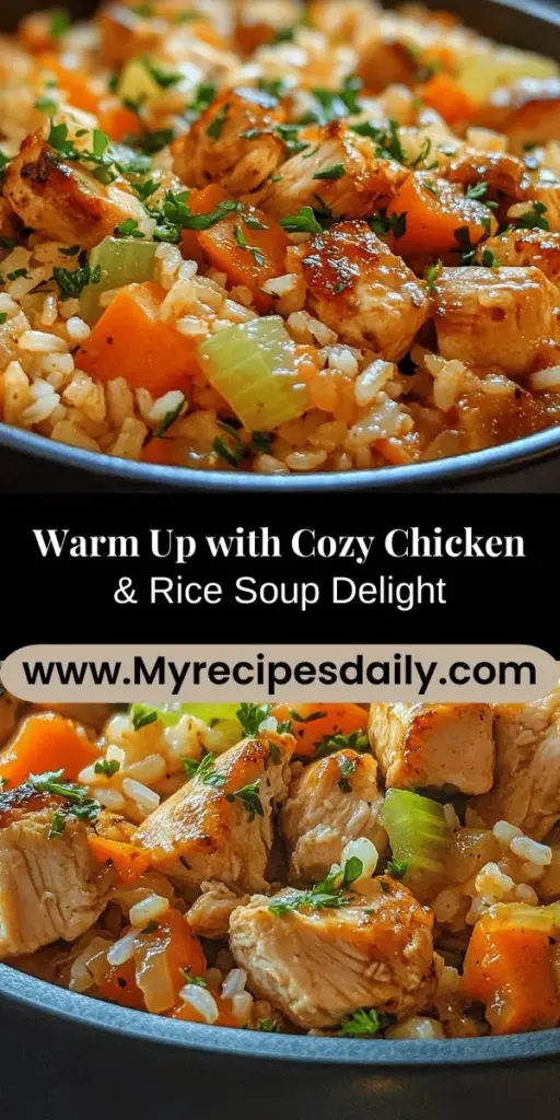 Warm up your chilly evenings with a bowl of Cozy Chicken & Rice Soup! This comforting dish is packed with lean chicken, fluffy rice, and nutritious vegetables, making it not just delicious but also nourishing. Perfect for family dinners or when you need a little extra comfort, this recipe is simple and satisfying. Don’t forget a splash of lemon for brightness! Discover the joy of homemade goodness. #ChickenSoup #ComfortFood #SoupSeason #HealthyEating #HomeCooking