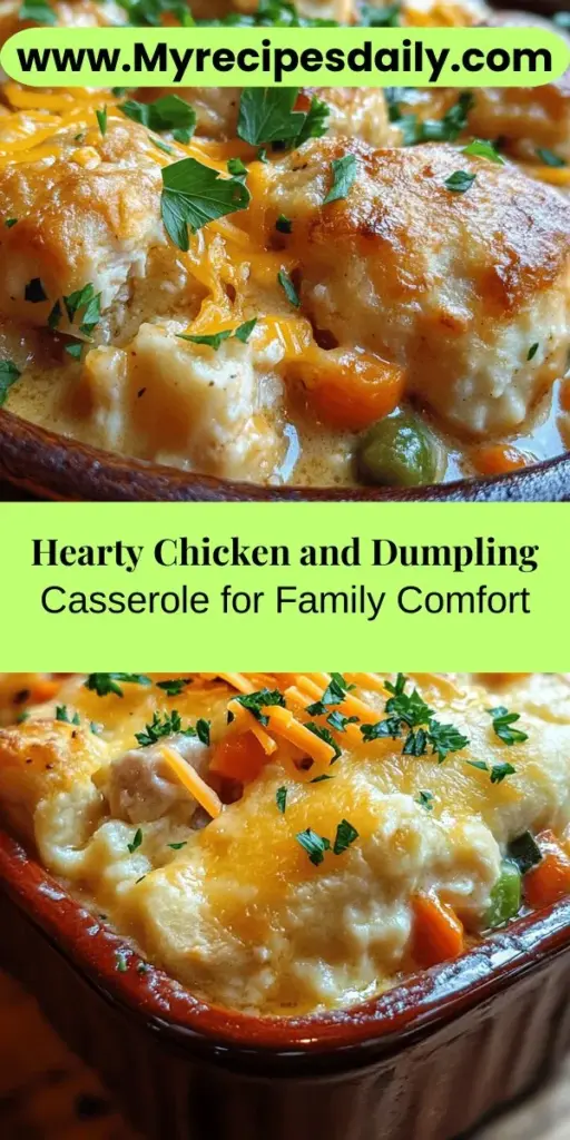 Discover the ultimate comfort food with this Comforting Chicken and Dumpling Casserole! Perfect for chilly evenings, this hearty dish combines tender chicken, creamy filling, and fluffy dumplings for a nostalgic family favorite. Easy to prepare and customizable, it's great for busy weeknights or special occasions. Enjoy a warm, delicious meal that brings everyone together. Try this recipe and make it a staple in your home! #ComfortFood #Casserole #FamilyRecipe #ChickenAndDumplings #DinnerIdeas #HomeCooking