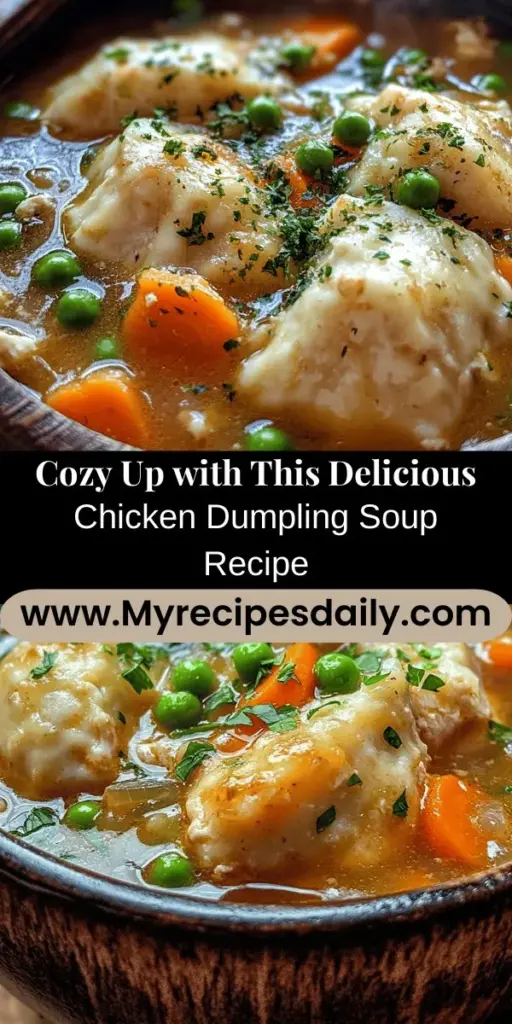 Embrace the warmth of autumn with this Cozy Chicken Dumpling Soup recipe! This classic dish combines tender chicken, fresh vegetables, and fluffy dumplings, delivering comfort in every bite. Perfect for family gatherings or a quiet evening at home, it's sure to chase away the chill. Easy to prepare and full of flavor, this soup brings people together and fills the kitchen with inviting aromas. Cozy up with a bowl today! #ChickenDumplingSoup #ComfortFood #FallRecipes #Souplove #CozyEats