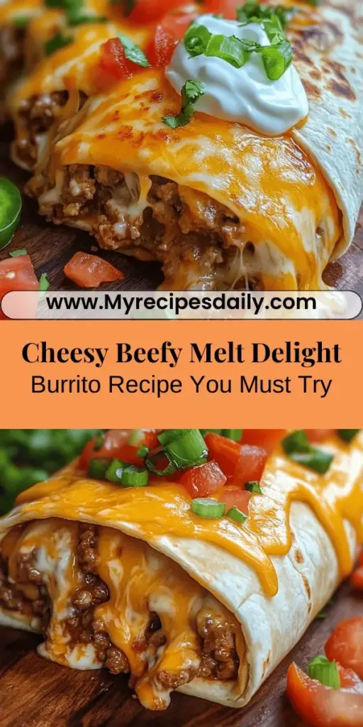 Discover the ultimate comfort food with the Cheesy Beefy Melt Delight Burrito! This delicious dish features seasoned ground beef, gooey nacho cheese sauce, and shredded cheddar, all wrapped in a soft flour tortilla. Perfect for busy weeknights or lazy weekends, this burrito is a family favorite packed with flavor, protein, and satisfying layers of rice and refried beans. Easy to customize with fresh toppings, it's sure to please even the pickiest eaters. Enjoy this hearty meal that brings everyone together!