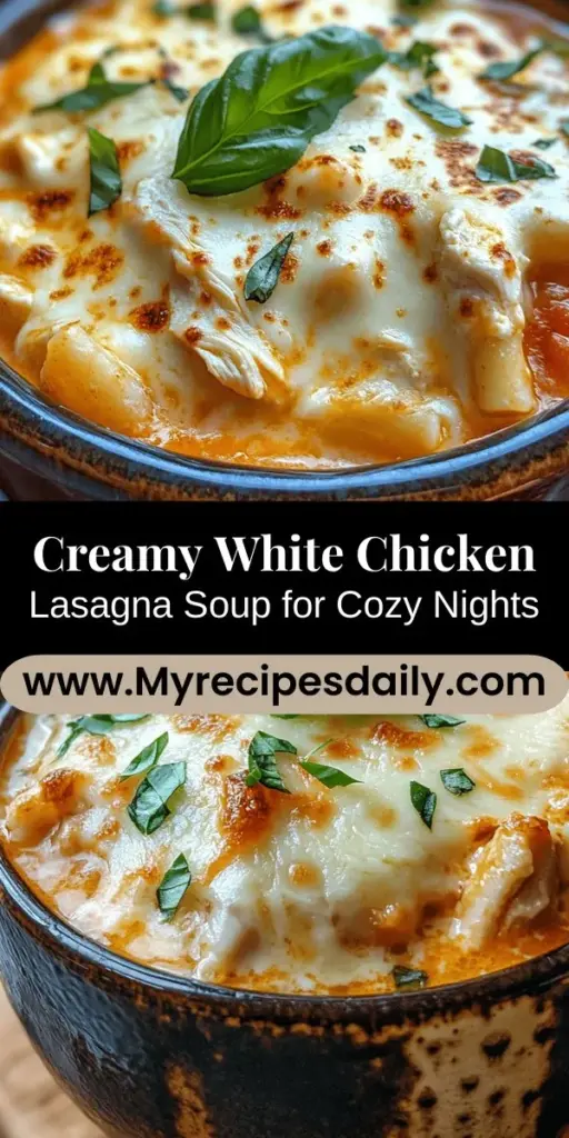 Warm up with a hearty bowl of Creamy White Chicken Lasagna Soup! This comforting dish combines the classic flavors of lasagna into a creamy, flavorful soup, perfect for chilly days. Made with tender chicken, rich cheeses, aromatic herbs, and tender noodles, it’s both delicious and easy to prepare. Adapt it to your taste with various proteins or veggies. Discover a new family favorite! #LasagnaSoup #ComfortFood #ChickenRecipes #SoupSeason #HomemadeGoodness