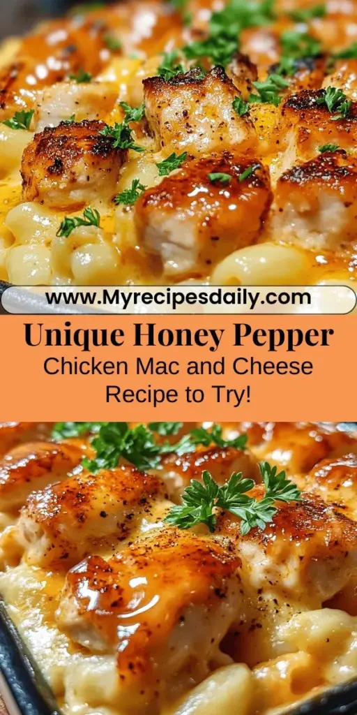 Discover the comforting blend of flavors in Honey Pepper Chicken Mac and Cheese! This recipe offers a unique twist on the classic mac and cheese, combining creamy cheeses with tender chicken, a touch of honey sweetness, and a hint of spice from black pepper and smoked paprika. Perfect for family dinners or impressing guests, this dish promises satisfaction in every bite. Let's elevate your mac and cheese game with this delightful and unforgettable meal!