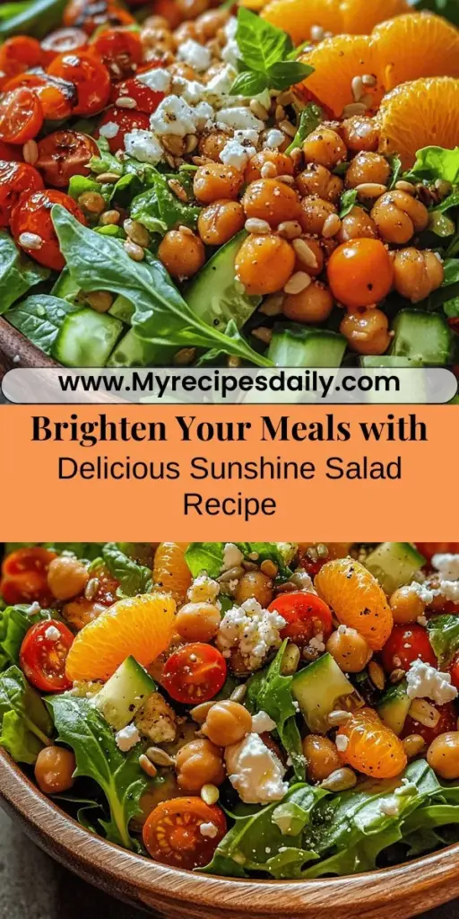 Brighten up your meal with the Sunshine Salad! This vibrant dish combines fresh mixed greens, juicy cherry tomatoes, sweet oranges, crunchy cucumbers, and roasted chickpeas for a delightful blend of flavors and textures. Packed with vitamins, minerals, and protein, this salad is perfect for any dietary preference. Easy to make and bursting with health benefits, it's the ideal choice for a refreshing meal. Try it today! #SaladRecipe #HealthyEating #FreshProduce #SunshineSalad #ColorfulFood #Nutrition