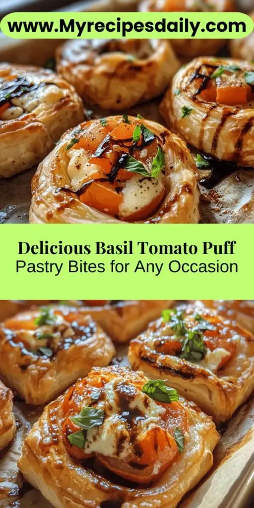 Looking for a delicious and easy appetizer? Try these Basil Tomato Puff Pastry Bites! With ripe tomatoes, fresh basil, and rich mozzarella wrapped in flaky puff pastry, they're a crowd-pleaser perfect for any gathering. Plus, they offer health benefits thanks to their wholesome ingredients. Easy to make with frozen puff pastry, they're sure to impress your guests and satisfy your cravings. Perfect for a snack, party, or family dinner! #Appetizers #PuffPastry #Basil #Tomato #HealthyEating #QuickRecipes