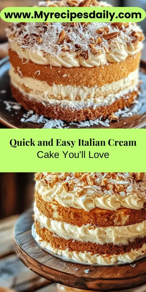 Discover the delightful experience of making a Quick Italian Cream Cake, a dessert that combines rich flavors and soft textures. With a fluffy buttermilk base, hints of coconut, and crunchy nuts, this cake is a true crowd-pleaser. Perfect for any occasion, this easy recipe allows you to whip up a homemade treat without spending hours in the kitchen. From the creamy frosting to the unique layering techniques, you'll impress your family and friends with every slice.