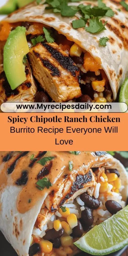 Savor the flavors of a Spicy Chipotle Ranch Grilled Chicken Burrito! This delicious recipe combines grilled marinated chicken, creamy chipotle ranch, and fresh fillings, creating a satisfying meal perfect for any occasion. Simple to make and highly customizable, it’s ideal for weeknight dinners or weekend gatherings. Dive into this culinary adventure and tantalize your taste buds! #Burrito #GrilledChicken #ChipotleRanch #RecipeIdeas #FoodLovers #HomeCooking #QuickMeals