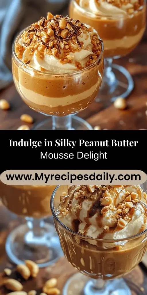 Discover the indulgent delight of Silky Peanut Butter Mousse, a creamy dessert that embodies the perfect blend of rich peanut butter flavor and airy texture. This recipe is simple enough for home cooks of all skills, using just a few key ingredients like heavy cream, creamy peanut butter, powdered sugar, and vanilla extract. Whether you're hosting a gathering or treating yourself, this mousse is sure to impress. Elevate your presentation with chocolate shavings or fresh berries for a stunning finish. Enjoy a decadent, homemade dessert that's both easy to make and wonderfully satisfying!