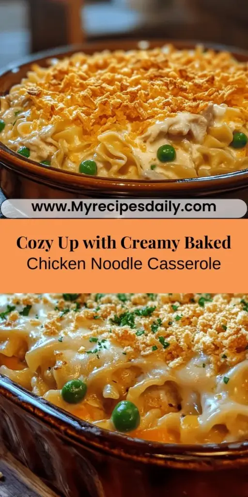 Looking for the ultimate comfort food? Try this Creamy Baked Chicken Noodle Casserole. Bursting with tender chicken, chewy egg noodles, and a rich, creamy sauce, it's the perfect dish to warm you up on chilly nights. With simple ingredients and easy preparation, this casserole is versatile enough to customize for any taste. Ideal for family dinners and potlucks, it offers that nostalgic, heartfelt feeling of home cooking. Experience the joy of this classic recipe today!