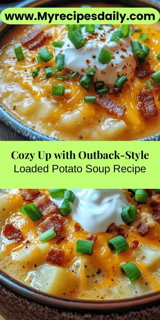 Discover the comforting delight of Outback-Style Loaded Potato Soup, a perfect recipe to warm you up on chilly days. This hearty soup combines creamy russet potatoes, rich chicken broth, and indulgent heavy cream, offering a deliciously satisfying experience. With savory bacon, sharp cheddar cheese, and fresh green onions as toppings, it’s a hug in a bowl. Ideal for family gatherings or cozy nights in, this soup brings people together and evokes feelings of nostalgia. Enjoy cooking and sharing this soul-soothing meal!