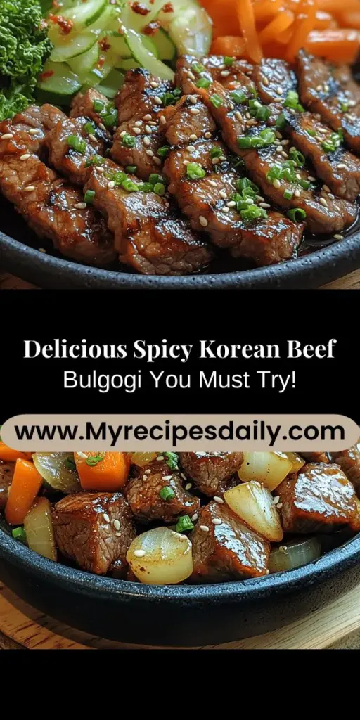 Discover the vibrant flavors of Korean cuisine with this Spicy Korean Beef Bulgogi recipe. This beloved dish features marinated beef sirloin grilled or stir-fried to perfection, delivering a delightful balance of sweet and spicy notes thanks to ingredients like soy sauce, gochujang, and sesame oil. Perfect for weeknight dinners or special occasions, Bulgogi can be served over rice, wrapped in lettuce, or in tacos. Explore essential ingredients, marinating tips, and cooking techniques for an authentic experience that will impress your family and friends. Enjoy a culinary journey into Korean culture with this delectable dish!