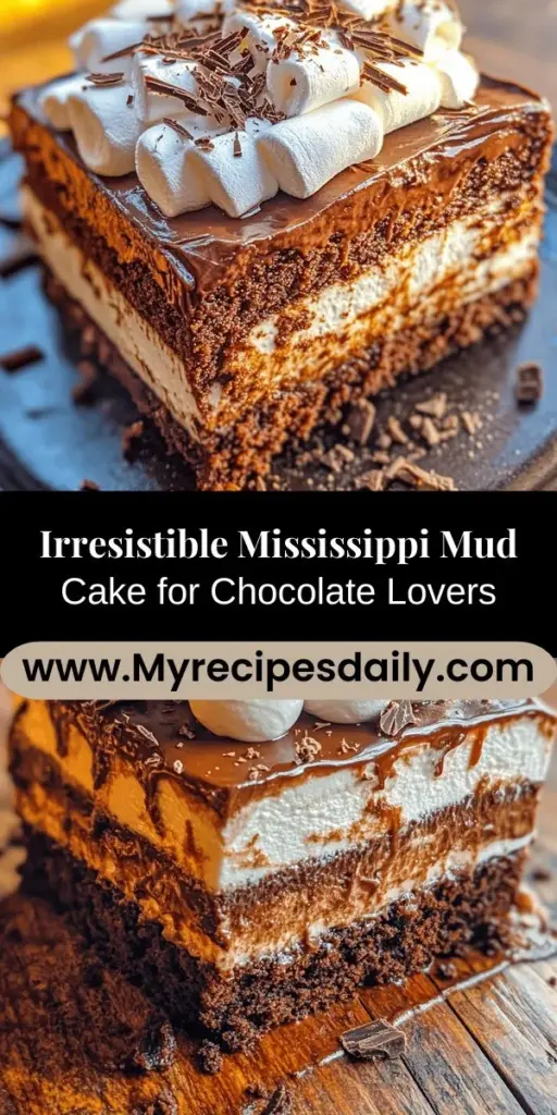 Dive into the world of decadence with the Mississippi Mud Cake, a chocolate lover's dream! This layered delight combines rich chocolate cake, fluffy marshmallow, and velvety ganache for a sweet experience that's irresistible. Perfect for celebrations or a cozy treat, this dessert embodies southern charm and warmth. With its rich history and delightful textures, it's sure to impress. Get the full recipe and tips to create your own! #MississippiMudCake #ChocolateLovers #Baking #DessertRecipes #SweetTreats #SouthernCooking #HomeBaking