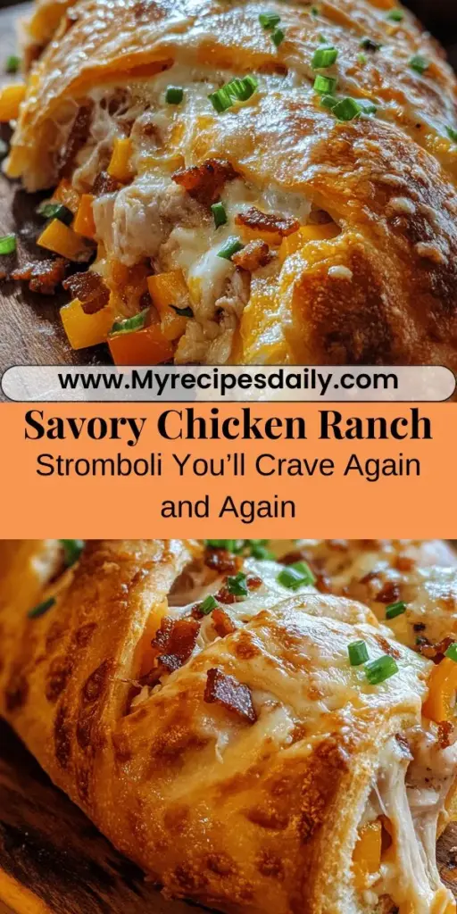 Discover the deliciousness of Chicken Ranch Stromboli, a comforting twist on an Italian-American classic. Featuring tender rotisserie chicken, creamy ranch, and a medley of cheeses rolled in golden pizza dough, this dish is perfect for gatherings or cozy weeknight dinners. Customize it with your favorite veggies and spices for a personal touch. Easy to make and utterly satisfying, this recipe is sure to be a crowd-pleaser! #ChickenStromboli #RanchDressing #EasyRecipes #ComfortFood #FamilyDinner