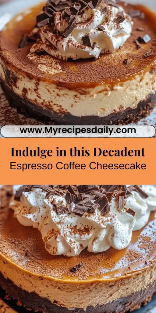 Indulge in the perfect blend of rich espresso and creamy cheesecake with this Espresso Coffee Cheesecake recipe! This delightful dessert features a chocolate graham cracker crust and a luxurious cream cheese filling, making it ideal for any gathering. Top it off with a whipped cream layer and dark chocolate shavings for an elegant finish. It's a treat that coffee lovers will adore! Try it now! #Cheesecake #Espresso #DessertRecipe #BakingLove #CoffeeLover