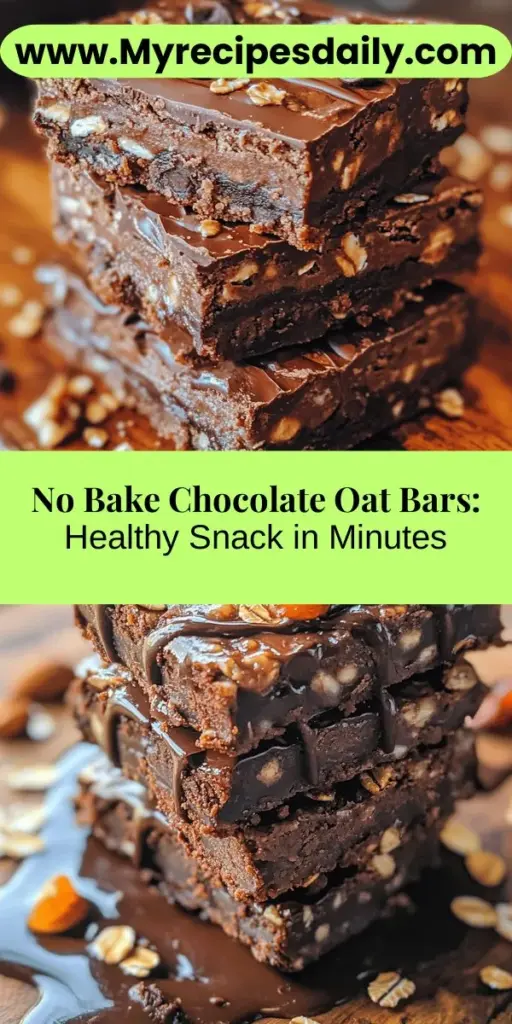 Discover the deliciousness of No Bake Chocolate Oat Bars, the perfect healthy snack for any time of day! This easy recipe combines rolled oats, nut butter, and cocoa powder for a satisfying treat that's vegan and gluten-free. Packed with nutrients, these bars are great for a quick energy boost or as a healthy dessert. Customize with your favorite mix-ins and enjoy the indulgent taste without the bake! #NoBakeBars #HealthySnacks #ChocolateOatBars #VeganRecipe #GlutenFreeTreats