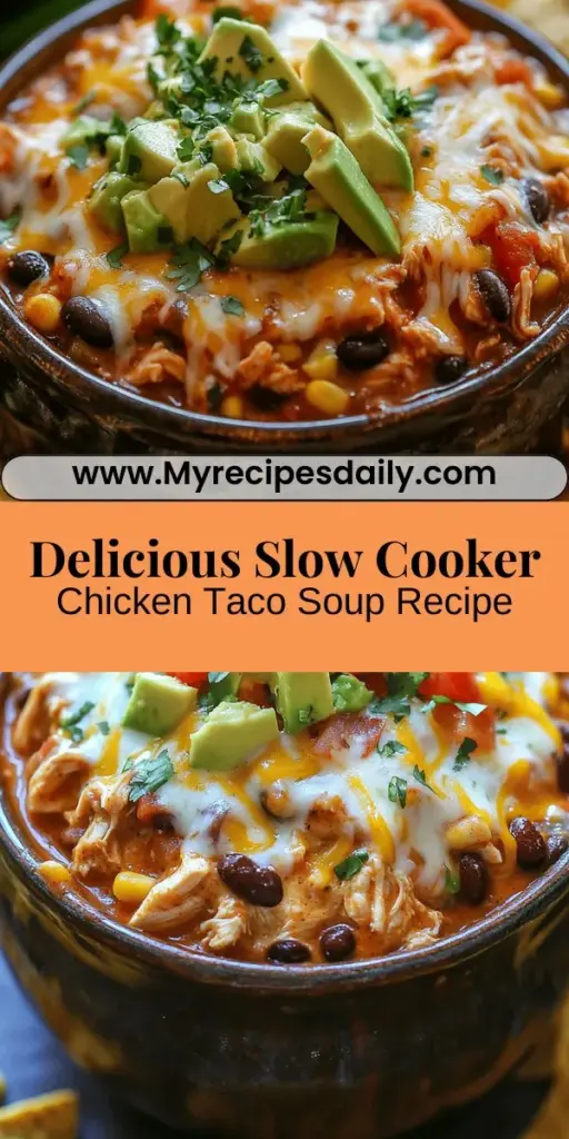 Discover the magic of Chicken Taco Soup with this amazing slow cooker recipe! It's the perfect blend of flavor, nutrition, and convenience, making mealtime a breeze. Enjoy boneless chicken, black beans, corn, and fresh veggies, all simmered together for a satisfying dish everyone will love. Customize it with your favorite toppings and enjoy the warm, comforting essence of Mexican cuisine. Perfect for cozy dinners or meal prep! #ChickenTacoSoup #SlowCookerRecipes #HealthyEating #ComfortFood #MealPrep