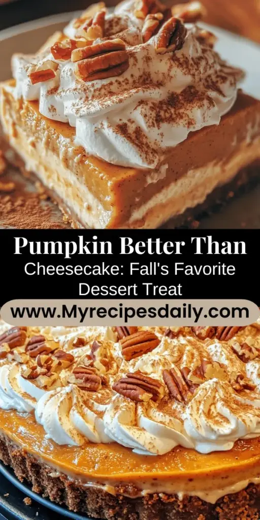 Embrace the flavors of fall with this irresistible Pumpkin Better Than Cheesecake. Combining creamy cheesecake and spiced pumpkin pie, this dessert is a seasonal favorite that captivates the senses. Made with delicious ingredients like graham crackers, cream cheese, and pumpkin puree, it's perfect for gatherings and celebrations. With its rich texture and warm spices, this cheesecake invites cherished moments with friends and family around the table, making it a must-try this autumn.