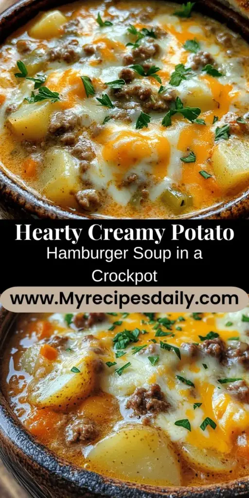Warm up your chilly nights with a comforting bowl of creamy potato hamburger soup made in the crockpot! This hearty dish combines savory ground beef, tender potatoes, and a luscious creamy broth, making it the perfect comfort food for the season. Packed with nutritious veggies and the deliciousness of cheddar cheese, it's easy to prepare and ideal for meal prep. Discover the joy of slow cooking and savor every bite! #CrockpotRecipes #ComfortFood #SoupSeason #FamilyMeals #CreamySoups