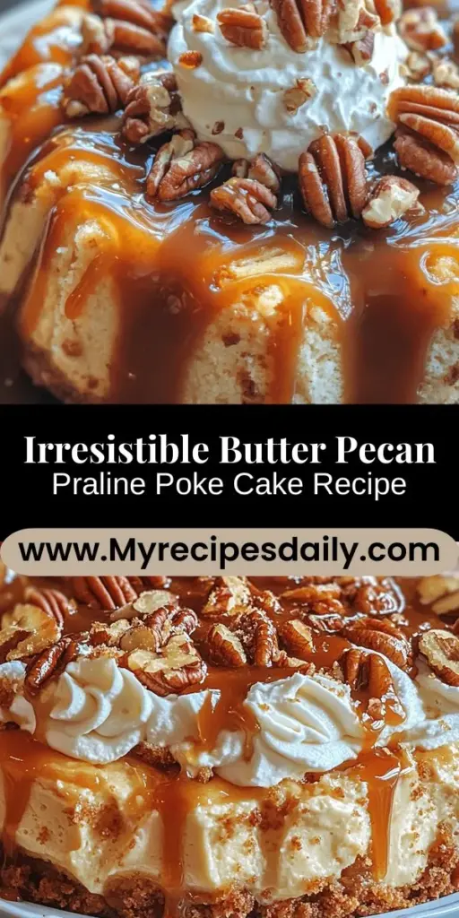 Indulge in the decadent flavors of Butter Pecan Praline Poke Cake! This moist cake is infused with rich caramel and crunchy pecans, creating a deliciously comforting dessert that's perfect for any occasion. With its easy preparation and delightful taste, this poke cake is sure to impress your guests and satisfy your sweet tooth. Discover how to make this crowd-pleaser today! #PokeCake #ButterPecan #DessertRecipe #BakingFun #SweetTreats #HomeBaking