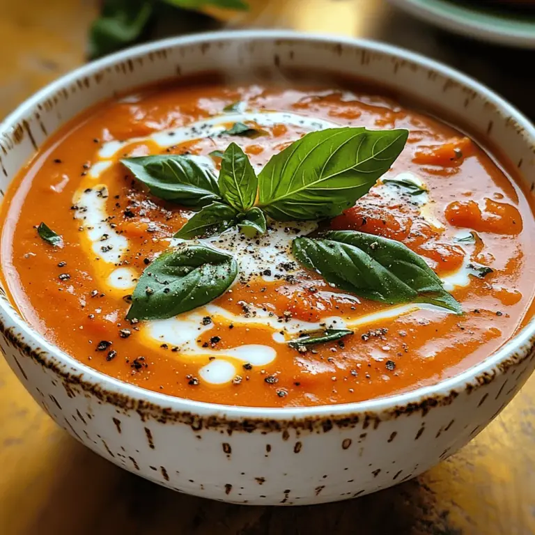 Creamy Tomato Basil Bliss Soup is a warm, comforting dish that combines the rich, luscious flavor of tomatoes with the aromatic touch of fresh basil. This delightful soup is not only pleasing to the palate but also visually appealing, with its vibrant red color and creamy texture. Each spoonful offers a burst of flavor that is both satisfying and invigorating, making it a favorite among many.