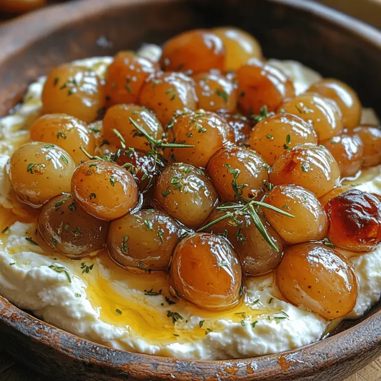 One of the most appealing aspects of Creamy Whipped Ricotta with Caramelized Grapes is its versatility. It can serve as a sophisticated starter during a dinner party, a refreshing dessert that pleases the palate, or even a delightful addition to your afternoon snack routine. The beauty of this dish lies in its balance of flavors and textures. The creamy ricotta provides a velvety base, while the caramelized grapes add a burst of sweetness and a slightly sticky texture that harmonizes beautifully with the soft cheese.