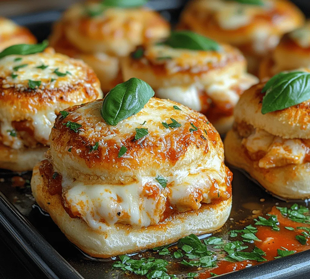 Sliders have become a staple in modern dining, captivating food enthusiasts with their versatility and crowd-pleasing appeal. These bite-sized sandwiches are perfect for any occasion, whether it’s a casual family dinner, a festive gathering, or a lively party. They allow for creativity in the kitchen, making it easy to curate a delightful menu that pleases a variety of palates. Among the myriad of slider options available, <strong>Cheesy Chicken Parmesan Sliders</strong> stand out as a delectable fusion of flavors that combines tender chicken, rich marinara, and melty cheese, all nestled in a soft bun. This recipe promises to tantalize your taste buds while delivering the comfort food experience we all crave.” /></p>
</p>
<h3>Cooking Methods</h3>
</p>
<p>When it comes to preparing Cheesy Chicken Parmesan Sliders, the choice of cooking method can significantly impact the flavor and texture of the dish. Two popular methods are skillet cooking and grilling, each offering unique advantages.</p>
</p>
<h4>Skillet vs. Grilling – Advantages of Each Method</h4>
</p>
<p><strong>Skillet Cooking:</strong></p>
<p>Using a skillet is an excellent way to achieve a crispy exterior while keeping the chicken moist inside. The controlled heat allows you to sear the chicken properly, developing a rich flavor thanks to the Maillard reaction. Additionally, a skillet enables you to cook the sliders indoors, making it a great option regardless of the weather.</p>
</p>
<p><strong>Grilling:</strong></p>
<p>On the other hand, grilling infuses a smoky flavor into the chicken that many people love. The high heat from the grill helps to lock in moisture while achieving those coveted char marks. Grilling is also a fantastic way to cook larger batches at once, perfect for parties or family gatherings.</p>
</p>
<p>Ultimately, the choice between skillet and grilling will depend on your personal preference and available equipment. Both methods can yield delicious results, so choose the one that best fits your cooking style.</p>
</p>
<h4>Cooking Time and Signs of Doneness for Chicken</h4>
</p>
<p>Regardless of the cooking method, it’s essential to ensure that the chicken is cooked thoroughly. The average cooking time for chicken breasts is about 6-7 minutes per side when using a skillet and around 5-6 minutes per side on the grill, depending on thickness.</p>
</p>
<p>To check for doneness, use a meat thermometer; the internal temperature should reach 165°F (75°C). Additionally, the juices should run clear, and there should be no pink remaining in the meat.</p>
</p>
<h4>Slicing the Chicken: Best Practices for Slicing to Maintain Moisture and Flavor</h4>
</p>
<p>Once the chicken is cooked, let it rest for about 5 minutes. Resting allows the juices to redistribute within the meat, ensuring that your sliders are flavorful and juicy. When ready to slice, use a sharp knife and cut against the grain. This technique breaks down the muscle fibers, making the chicken more tender and easier to bite into. Aim for slices that are approximately 1/2 inch thick; this thickness allows for easy layering in your slider.</p>
</p>
<h3>Constructing the Perfect Slider</h3>
</p>
<p>Assembling your Cheesy Chicken Parmesan Sliders correctly is crucial for maximizing flavor and texture. Here’s a step-by-step guide to constructing the perfect slider.</p>
</p>
<h4>Assembling the Sliders: Step-by-Step Guide on Layering Ingredients for Maximum Flavor</h4>
</p>
<p>1. <strong>Base Layer</strong>: Start with the bottom half of your slider bun. A sturdy bun, such as a brioche or potato roll, works best to hold all the ingredients.</p>
</p>
<p>2. <strong>Layer of Chicken</strong>: Place a slice of your perfectly cooked chicken breast onto the bun. Ensure it covers the entire base for an even bite.</p>
</p>
<p>3. <strong>Marinara Sauce</strong>: Spoon a generous layer of marinara sauce over the chicken. This adds moisture and a rich, tangy flavor that complements the chicken beautifully.</p>
</p>
<p>4. <strong>Cheese Layer</strong>: Add a slice of mozzarella cheese on top of the marinara. You can also sprinkle some grated Parmesan cheese for added flavor.</p>
</p>
<p>5. <strong>Top Bun</strong>: Finally, place the top half of the slider bun gently on top, completing your assembly.</p>
</p>
<h4>Importance of Layering: How Each Layer Contributes to the Overall Taste and Texture</h4>
</p>
<p>The layering of ingredients is what elevates the Cheesy Chicken Parmesan Slider from just a simple sandwich to a delightful culinary experience. The chicken provides a hearty protein base, while the marinara sauce adds acidity and moisture. The cheese layer not only contributes creaminess and flavor but also helps bind the ingredients together. Lastly, the bun acts as the vessel, providing structure and a slight sweetness that balances the savory components.</p>
</p>
<h3>Baking Techniques</h3>
</p>
<p>After assembling your sliders, baking them is the final step to achieving that irresistible melty cheese and warm, inviting flavors.</p>
</p>
<h4>Using Aluminum Foil for Initial Baking – Benefits and Timing</h4>
</p>
<p>Preheat your oven to 350°F (175°C). To start, cover the assembled sliders with aluminum foil. Baking them this way for about 10-15 minutes helps to heat the sliders through without burning the buns or overcooking the chicken. The foil traps steam, ensuring that the chicken stays moist and the cheese begins to melt.</p>
</p>
<h4>Final Baking Without Foil – Achieving that Perfect Golden-Brown Crust</h4>
</p>
<p>After the initial bake, remove the foil and let the sliders bake for an additional 5-10 minutes. This step is essential for achieving that golden-brown crust on the cheese. Keep a close eye on them to ensure they don’t over-bake; you want the cheese bubbly and slightly browned, not burnt.</p>
</p>
<h3>The Finishing Touch: Garnishing and Serving</h3>
</p>
<p>Once your sliders are perfectly baked, it’s time to add a few finishing touches before serving.</p>
</p>
<h4>Cooling and Garnishing: Why It’s Essential to Let the Sliders Rest</h4>
</p>
<p>Let your Cheesy Chicken Parmesan Sliders rest for about 5 minutes after removing them from the oven. This resting period allows the sliders to set, making them easier to cut and serving. Additionally, it helps the flavors meld together, creating a more cohesive taste experience.</p>
</p>
<h4>Role of Fresh Basil in Presentation and Flavor Enhancement</h4>
</p>
<p>For an added burst of flavor and color, consider garnishing your sliders with fresh basil leaves. Not only does basil enhance the overall presentation, but its aromatic and slightly peppery flavor complements the richness of the cheese and marinara beautifully. To garnish, simply tear a few basil leaves and sprinkle them over the sliders before serving.</p>
</p>
<h4>Creative Serving Suggestions: Pairing Options with Sides or Dips</h4>
</p>
<p>Cheesy Chicken Parmesan Sliders are delicious on their own, but they can be paired with various sides for a complete meal. Consider serving them with:</p>
</p>
<p>– <strong>Sweet Potato Fries</strong>: Their slight sweetness provides a perfect contrast to the savory sliders.</p>
<p>– <strong>Caesar Salad</strong>: A light, crisp salad balances the richness of the sliders.</p>
<p>– <strong>Garlic Bread</strong>: For a carb lover, a side of garlic bread is an indulgent option that complements the Italian flavors.</p>
</p>
<p>Additionally, offering a side of extra marinara sauce for dipping can enhance the experience, allowing guests to enjoy a burst of flavor with each bite.</p>
</p>
<h3>Nutritional Information</h3>
</p>
<p>Understanding the nutritional content of your Cheesy Chicken Parmesan Sliders can help you make informed decisions about your meal.</p>
</p>
<h4>Breakdown of Nutritional Content Per Serving</h4>
</p>
<p>Typically, each slider contains approximately:</p>
</p>
<p>– <strong>Calories</strong>: 350</p>
<p>– <strong>Protein</strong>: 25g</p>
<p>– <strong>Carbohydrates</strong>: 30g</p>
<p>– <strong>Fat</strong>: 15g</p>
</p>
<p>These figures can vary based on the specific ingredients used and portion size.</p>
</p>
<h4>Discussion on Calories, Protein, and Potential Dietary Modifications</h4>
</p>
<p>While Cheesy Chicken Parmesan Sliders are a satisfying comfort food, they can be relatively high in calories and fat due to the cheese and buns. To make them healthier, consider the following modifications:</p>
</p>
<p>– <strong>Lean Chicken</strong>: Use skinless chicken breasts to reduce overall fat content.</p>
<p>– <strong>Whole Wheat Buns</strong>: Opt for whole grain slider buns to increase fiber content.</p>
<p>– <strong>Reduced-Fat Cheese</strong>: Select low-fat mozzarella or even vegan cheese alternatives to cut down on calories.</p>
<p>– <strong>Vegetable Additions</strong>: Incorporate spinach or roasted bell peppers into the sliders for added nutrients and flavor.</p>
</p>
<h3>Conclusion</h3>
</p>
<p>Cheesy Chicken Parmesan Sliders are more than just a meal; they are a comforting, easy-to-make dish that brings family and friends together. With their layers of juicy chicken, tangy marinara, and gooey cheese stacked between soft buns, these sliders have the potential to become a beloved favorite in any household.</p>
</p>
<p>As you experiment with this recipe, feel free to customize it according to your tastes. Whether you enjoy them as a quick weeknight dinner or serve them at gatherings, these sliders are sure to impress.</p>
</p>
<p>The joy of cooking and sharing delicious food with loved ones is one of life’s greatest pleasures. So gather your ingredients, fire up the oven, and enjoy the delightful experience of creating and savoring Cheesy Chicken Parmesan Sliders. Happy cooking!</p>
</div>