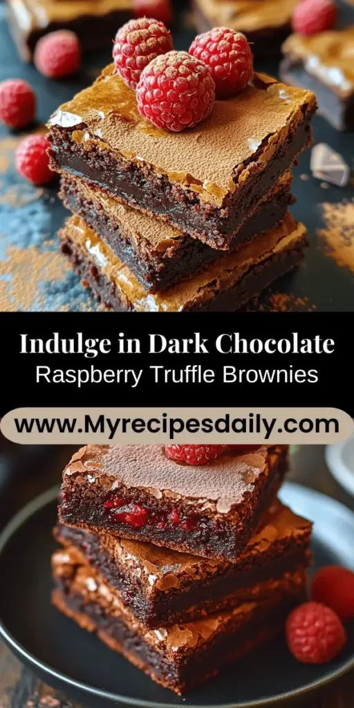 Indulge in the luxurious experience of decadent dark chocolate raspberry truffle brownies. These rich, fudgy delights combine high-quality dark chocolate with fresh raspberries, creating a perfect balance of tart and sweet flavors. With a stunning two-layer design, featuring a brownie base topped with a velvety raspberry truffle layer, these treats are perfect for any occasion. Impress your friends and family with this unforgettable dessert that’s as beautiful as it is delicious. Dive into the world of gourmet baking and enjoy every luscious bite!
