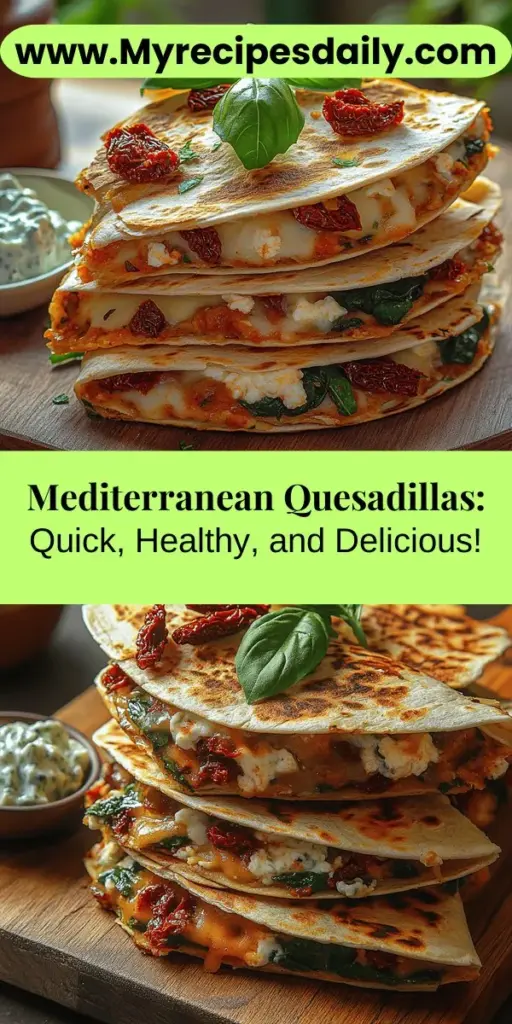Discover the flavors of the Mediterranean with these delightful Mediterranean Quesadillas! This easy-to-make dish combines whole wheat tortillas with fresh spinach, tangy feta, creamy mozzarella, sun-dried tomatoes, Kalamata olives, and a sprinkle of oregano for a nutritious meal. Perfect for busy nights or casual gatherings, these quesadillas are not only packed with flavor but also deliver heart-healthy benefits. Whip up this fusion of comfort food and healthy ingredients for a quick and satisfying dish any day!