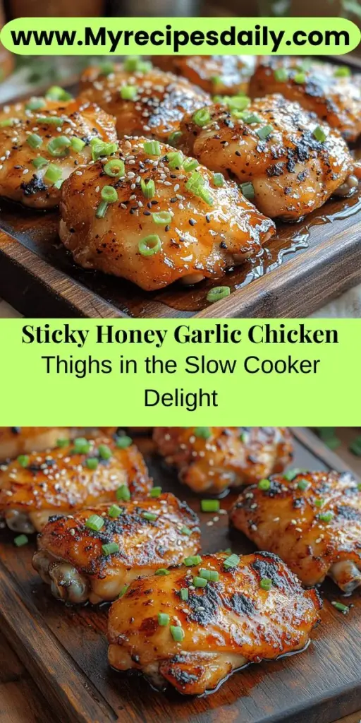 Indulge in the deliciousness of Sweet & Sticky Slow Cooker Honey Garlic Chicken Thighs. This effortless recipe combines the rich flavors of honey and garlic, creating a crowd-pleaser that's perfect for any occasion. With minimal prep and the convenience of a slow cooker, you'll enjoy tender, flavorful chicken that practically melts in your mouth. Ideal for weeknight dinners or meal prep, this dish is sure to impress family and friends alike!