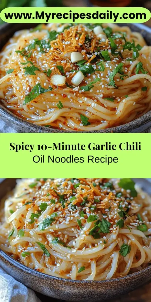 Discover the ultimate quick meal with these 10-Minute Garlic Chili Oil Noodles! This flavorful dish blends the robust tastes of garlic and chili oil, creating a spicy sensation in just 10 minutes. Perfect for busy days, it's customizable to fit your dietary needs—whether you prefer gluten-free noodles, vegetarian options, or added proteins. Easy to prepare, satisfying, and bursting with flavor, this recipe will quickly become a kitchen favorite. Enjoy a delicious meal that doesn’t compromise on taste or time!
