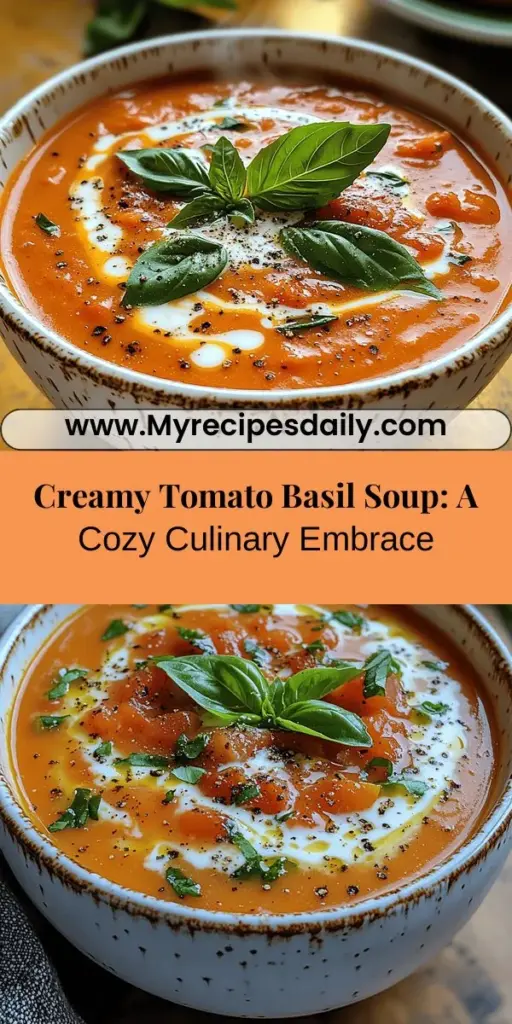 Indulge in the warmth and flavor of Creamy Tomato Basil Bliss Soup, a delightful dish that combines fresh tomatoes and aromatic basil for an irresistible taste. With simple ingredients like canned crushed tomatoes, heavy cream, and garlic, this soup is both comforting and visually appealing. Perfect for cozy dinners or elegant brunches, it's a versatile recipe that even novice cooks can master. Pair it with crusty bread or grilled cheese for a truly delightful meal. Enjoy a burst of flavors and the joy of homemade cooking!
