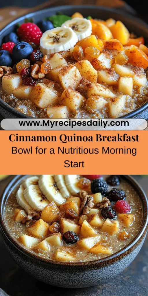Start your day right with a Cinnamon Spiced Quinoa Breakfast Bowl, a delicious blend of flavor and nutrition. This recipe features quinoa, a superfood packed with protein and fiber, combined with almond milk for creaminess and sweetened with natural options like maple syrup. Enhanced with warm spices like cinnamon and nutmeg, and topped with crunchy nuts and fresh fruits, it’s not only a hearty meal but also an enjoyable way to fuel your mornings. Dive into the full recipe and discover how to customize it to suit your taste!