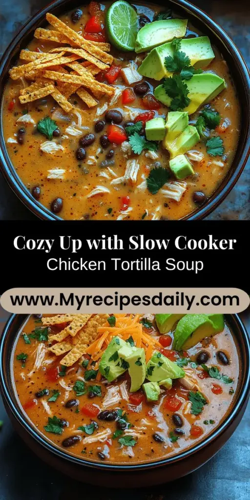Warm up your chilly evenings with Cozy Slow Cooker Chicken Tortilla Soup, a comforting blend of lean chicken, vibrant veggies, and delicious spices that simmer to perfection. This hearty dish is easy to prepare with just 15-20 minutes of prep time, allowing the slow cooker to develop rich flavors while you go about your day. Packed with nutrients, it's perfect for family dinners or meal prep. Top with crispy tortilla strips, fresh cilantro, and a squeeze of lime for an irresistible finish. Enjoy a bowl of wholesome goodness that’s sure to satisfy!