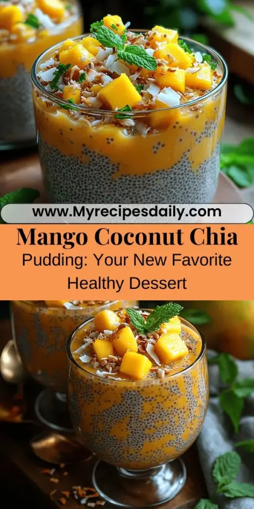 Discover the refreshing goodness of Mango Coconut Chia Pudding, an easy and nutritious dessert perfect for warm days or a delightful breakfast. This silky pudding combines creamy coconut milk, ripe mango, and nutrient-packed chia seeds, creating a satisfying treat that's also a health powerhouse. With its vibrant flavors and beautiful presentation, this recipe not only tantalizes your taste buds but also promotes digestive health and weight management. Enjoy a wholesome dessert that's as enjoyable to make as it is to eat!