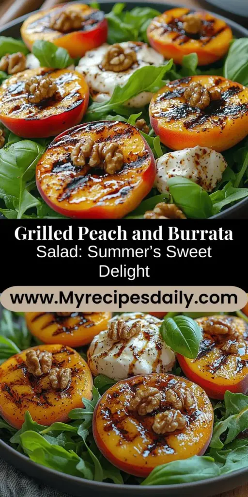 Experience the flavors of summer with this Grilled Peach & Burrata Salad! This exquisite dish combines juicy grilled peaches and creamy burrata cheese, creating a perfect harmony of sweet and savory tastes. Enhanced with peppery arugula and crunchy walnuts, this salad is not only delicious but also packed with nutrients. Ideal for light lunches, elegant dinners, or seasonal gatherings, this salad is sure to impress with its vibrant ingredients and delightful taste.
