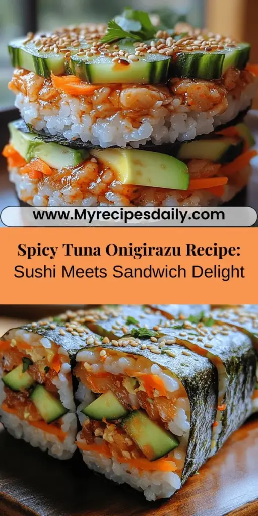 Discover the delicious fusion of sushi and sandwich with the Best Ever Spicy Tuna Onigirazu. This innovative dish features spicy tuna filling, fresh vegetables, and seasoned sushi rice wrapped in nori, creating a visually stunning and flavorful meal. Ideal for lunch, dinner, or on-the-go snacking, this recipe is simple yet impressive, making it perfect for cooks of all skill levels. Enjoy a balanced meal that's both nutritious and satisfying!