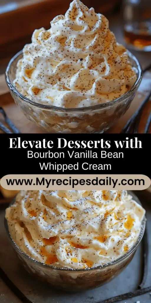 Elevate your desserts with homemade Bourbon Vanilla Bean Whipped Cream, a luxurious topping that combines rich bourbon, fragrant vanilla beans, and light, fluffy cream. This simple recipe transforms traditional whipped cream into a gourmet delight, perfect for pies, cakes, or ice cream. In just 15 minutes, you can impress your guests with this indulgent treat. Discover the joy of crafting this decadent cream and enhance your dessert experience today!