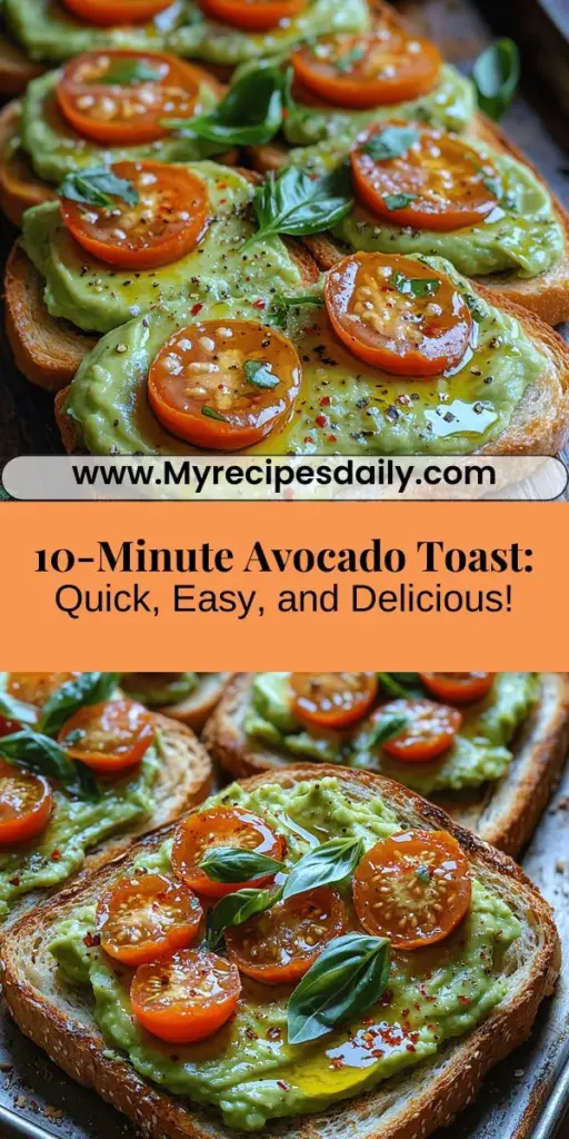 Discover the bliss of 10-Minute Avocado Toast with our easy guide to a delicious and nutritious meal. Perfect for busy mornings, this trendy dish combines creamy avocados packed with healthy fats, fiber, and essential vitamins with your choice of flavorful toppings. From fresh herbs to spicy red pepper flakes, explore countless variations to suit your taste. Enjoy a satisfying, quick meal that not only tantalizes your taste buds but also supports your health. Dive in and elevate your avocado toast game today!