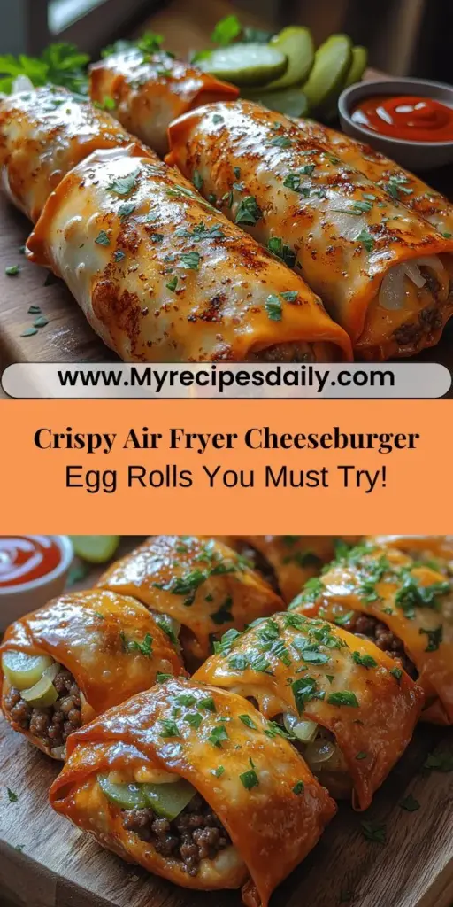 Discover the delicious fusion of Air Fryer Cheeseburger Egg Rolls, where classic cheeseburger flavors meet the crispy delight of egg rolls. These portable treats, made with juicy ground beef, melty cheddar cheese, onions, and pickles, are air-fried for a guilt-free crunch. Perfect as a snack or appetizer, they can be paired with various dipping sauces and sides for a complete meal. Try this innovative recipe that brings excitement to your culinary adventures!