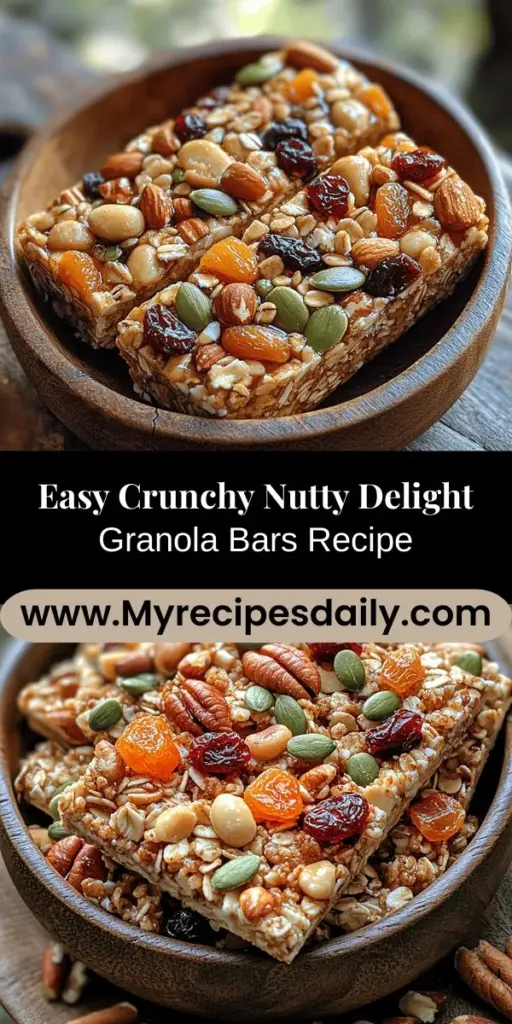 Discover the joy of making your own Crunchy Nutty Delight Granola Bars! These homemade snacks are perfect for busy lifestyles, offering a nutritious alternative to store-bought options. Packed with rolled oats, mixed nuts, and seeds, they provide sustained energy and essential nutrients. Customizable with your choice of sweeteners, nut butters, and optional add-ins like dried fruits or dark chocolate, these bars are easy to prepare and can be enjoyed anytime. Elevate your snacking with this delightful recipe that balances taste and health effortlessly!