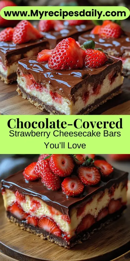 Discover the ultimate dessert indulgence with these Decadent Chocolate Covered Strawberry Cheesecake Bars! Combining a buttery graham cracker crust, creamy cheesecake filling studded with fresh strawberries, and rich chocolate topping, this treat is perfect for any occasion. Easy to make and beautifully presented, these bars are sure to impress at parties or cozy nights in. Explore the delightful flavors and textures that make this dessert a must-try!