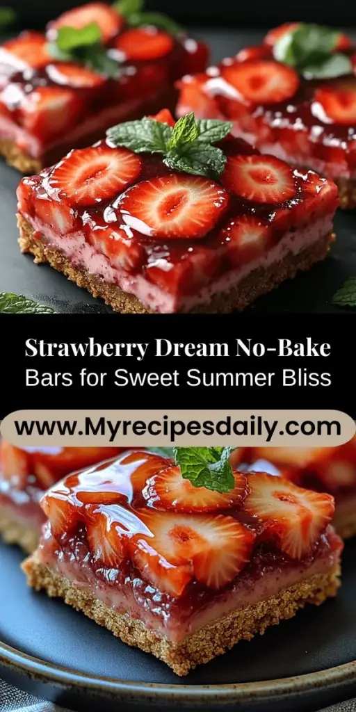 Treat yourself to a refreshing dessert with Strawberry Dream No-Bake Bars! Perfect for summer gatherings, these delectable treats feature layers of creamy filling and fresh strawberries atop a buttery graham cracker crust. Quick and easy to make, these bars are not only delicious but also nutritious, thanks to the antioxidant-rich strawberries. Ideal for picnics, birthday parties, or cozy family dinners, this no-bake dessert is sure to impress your guests and satisfy your sweet tooth!