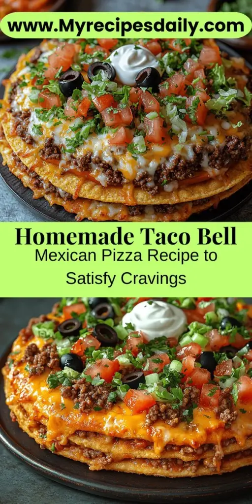 Create your own Taco Bell-style Mexican pizza at home with this easy recipe that combines the best of fast food and homemade goodness. Enjoy crispy tortillas layered with seasoned ground beef, creamy refried beans, and a melty cheese blend, all topped with fresh veggies. Perfect for family dinners or game day snacks, this customizable dish invites you to explore flavors while bringing the beloved fast-food experience right to your kitchen. Dive into the satisfying crunch and savory fillings for a treat everyone will love!