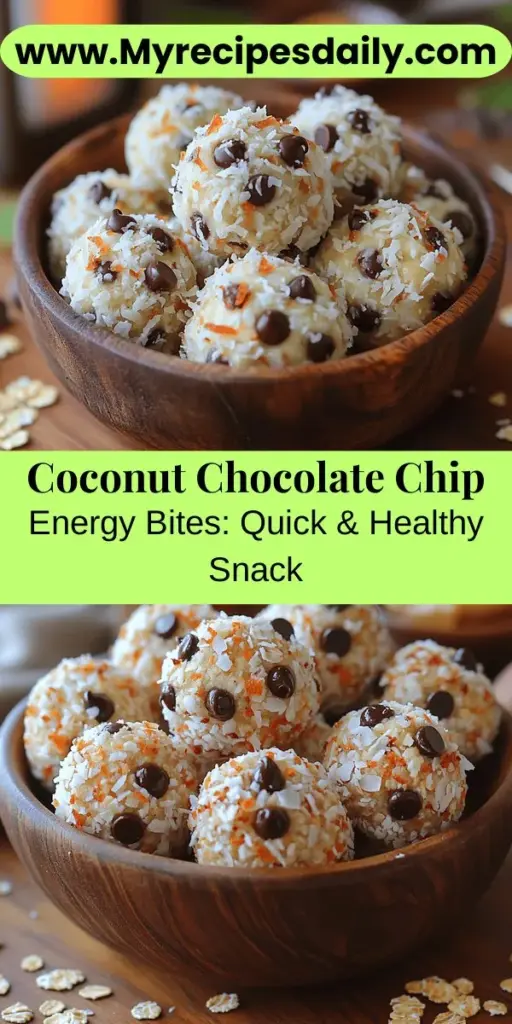Discover the delightful combination of flavors in these Coconut Chocolate Chip Energy Bites. These nutritious no-bake snacks come together in just 15 minutes, making them perfect for busy days or post-workout cravings. Packed with rolled oats, shredded coconut, nut butter, and mini chocolate chips, they offer a satisfying blend of healthy fats, protein, and carbohydrates. Enjoy them as a quick breakfast, an afternoon boost, or a guilt-free treat any time of day! Try making your own version today!