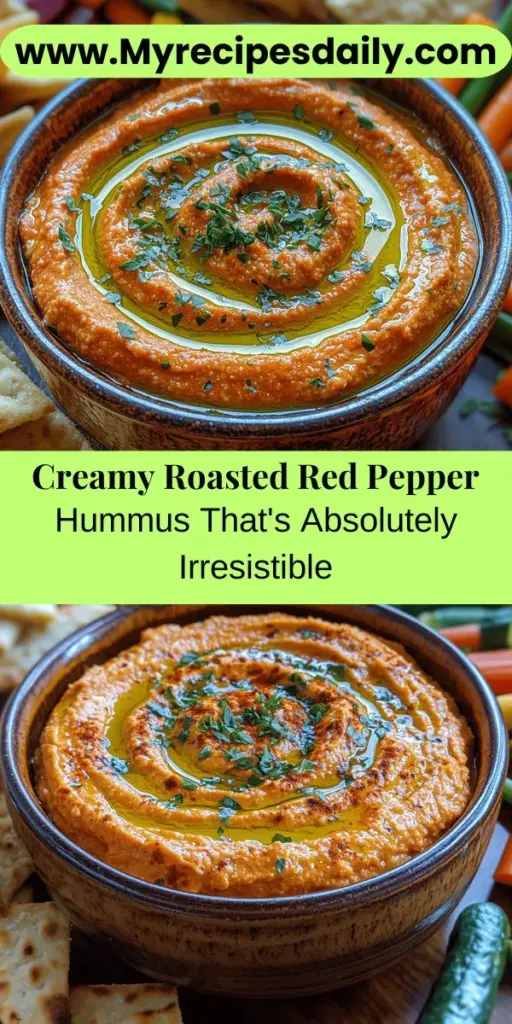 Discover the vibrant taste of Creamy Roasted Red Pepper Hummus, a delightful twist on traditional hummus that's perfect for any occasion. This smooth and flavorful dip combines chickpeas, tahini, and the smoky sweetness of roasted red peppers, making it a nutritious snack or appetizer. Packed with protein, fiber, and vitamins, this versatile dish can be enjoyed with pita chips, veggies, or as a spread. Try making it at home for a healthy, satisfying treat!
