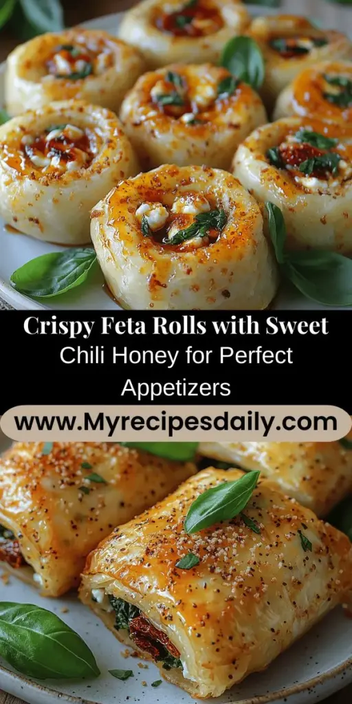 Indulge in the perfect appetizer with Crispy Oven-Fried Feta Rolls paired with Sweet Chili Honey. These delicious bites feature a crunchy phyllo exterior filled with creamy feta, fresh spinach, and tangy sun-dried tomatoes. Each roll is beautifully complemented by a drizzle of sweet and spicy chili honey, creating an irresistible contrast. Easy to make and visually appealing, these feta rolls are ideal for parties or a tasty snack at home. Enjoy a delightful fusion of flavors and textures that will impress your guests!